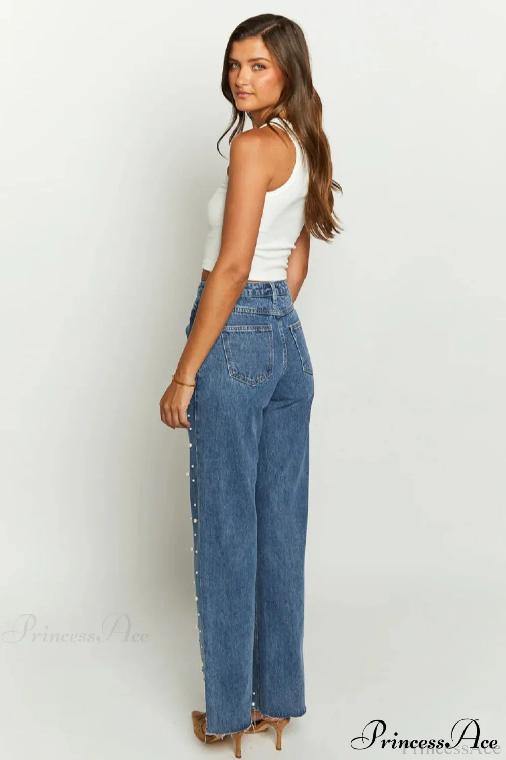 Slanted Waist Crisscross Beaded Frayed Straight Leg Jeans - Image 4