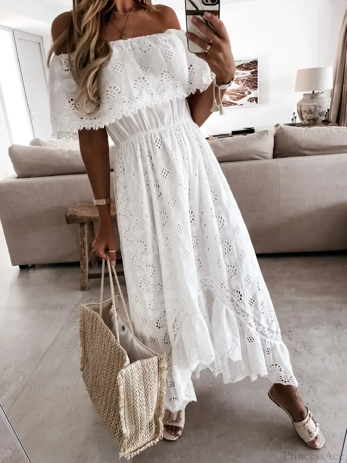 Slash Neck Embroidery Lace Hollow Out Maxi White Boho Dress - Image 2