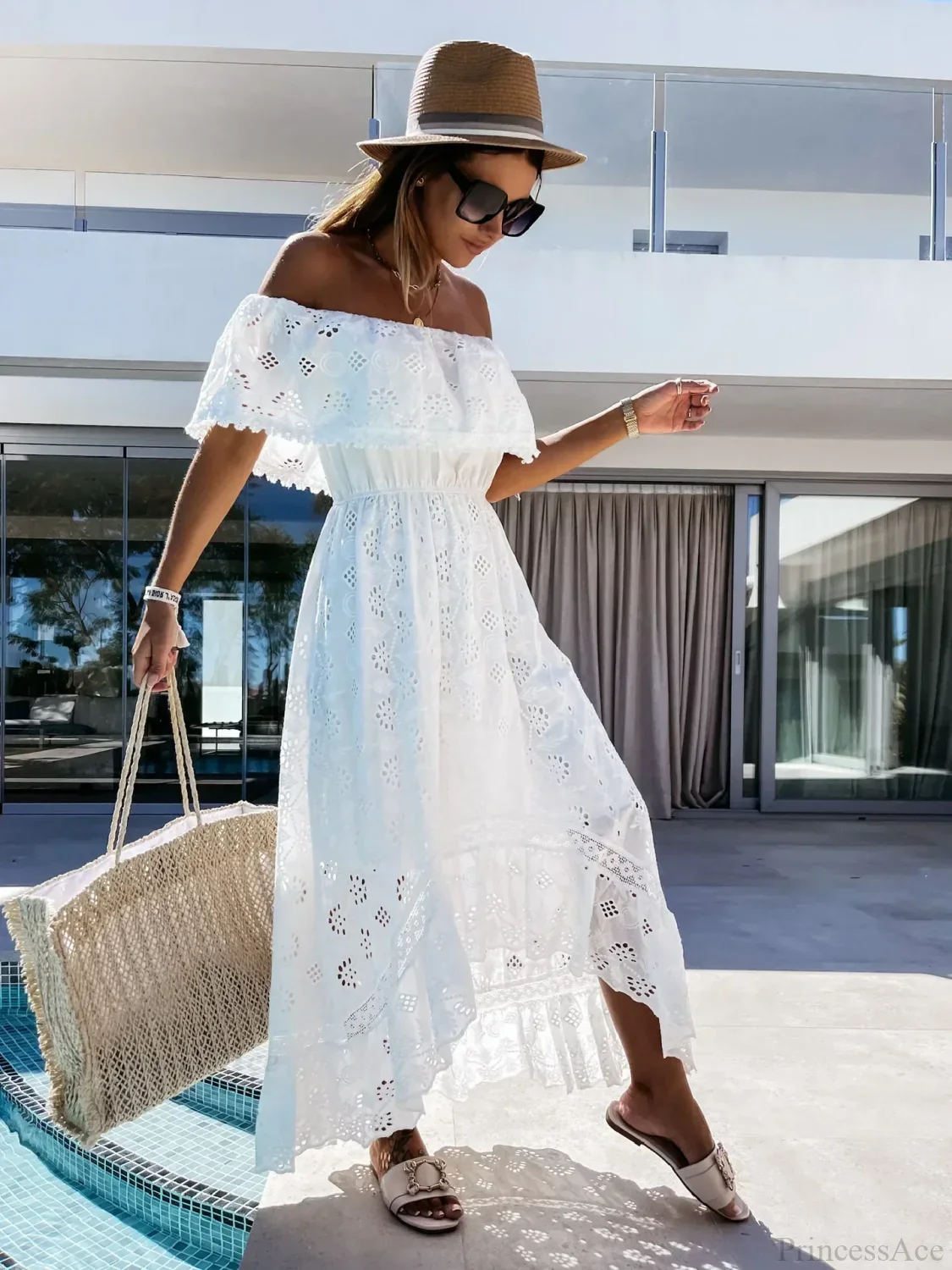 Slash Neck Embroidery Lace Hollow Out Maxi White Boho Dress - Image 4