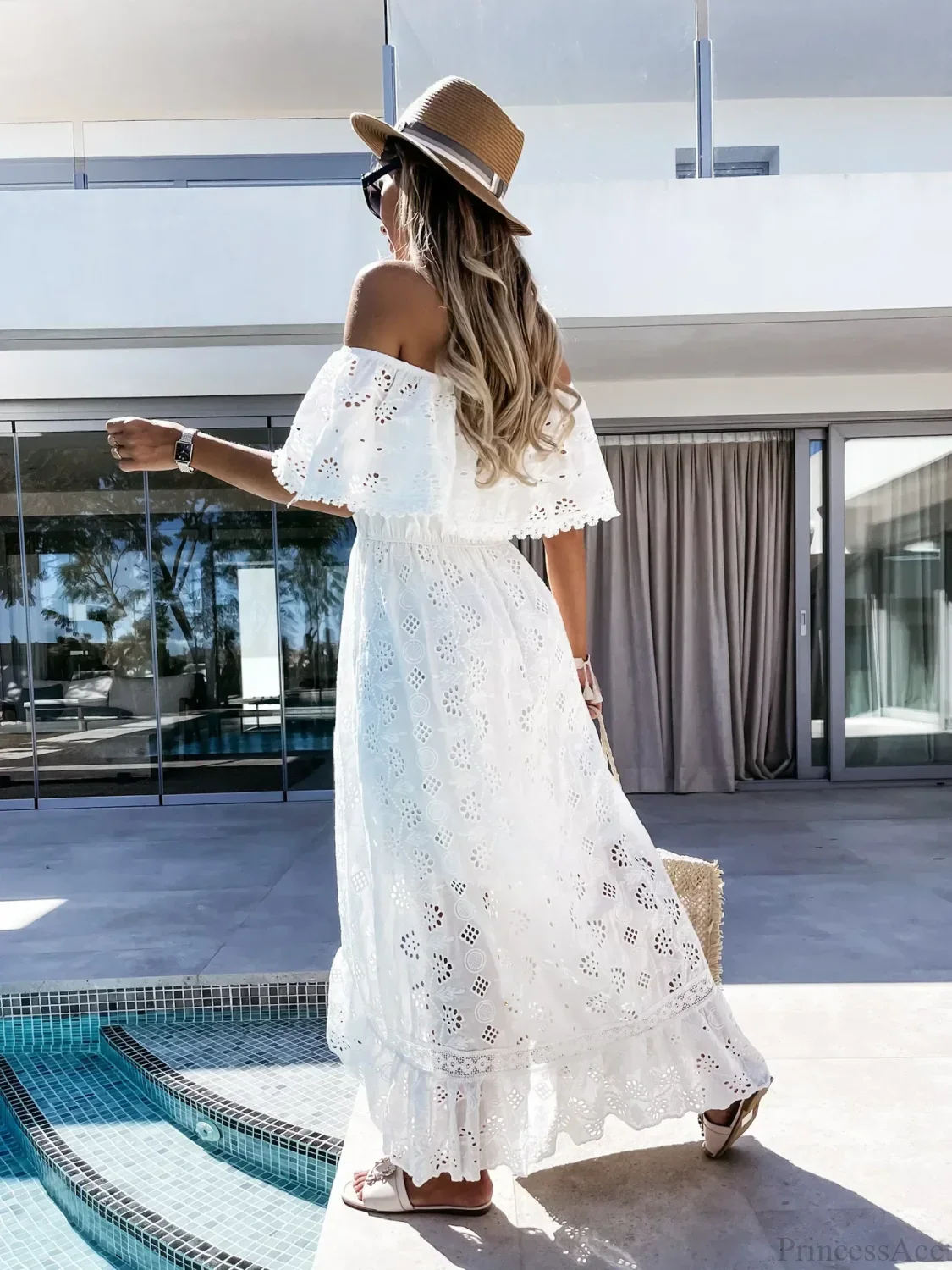 Slash Neck Embroidery Lace Hollow Out Maxi White Boho Dress - Image 5