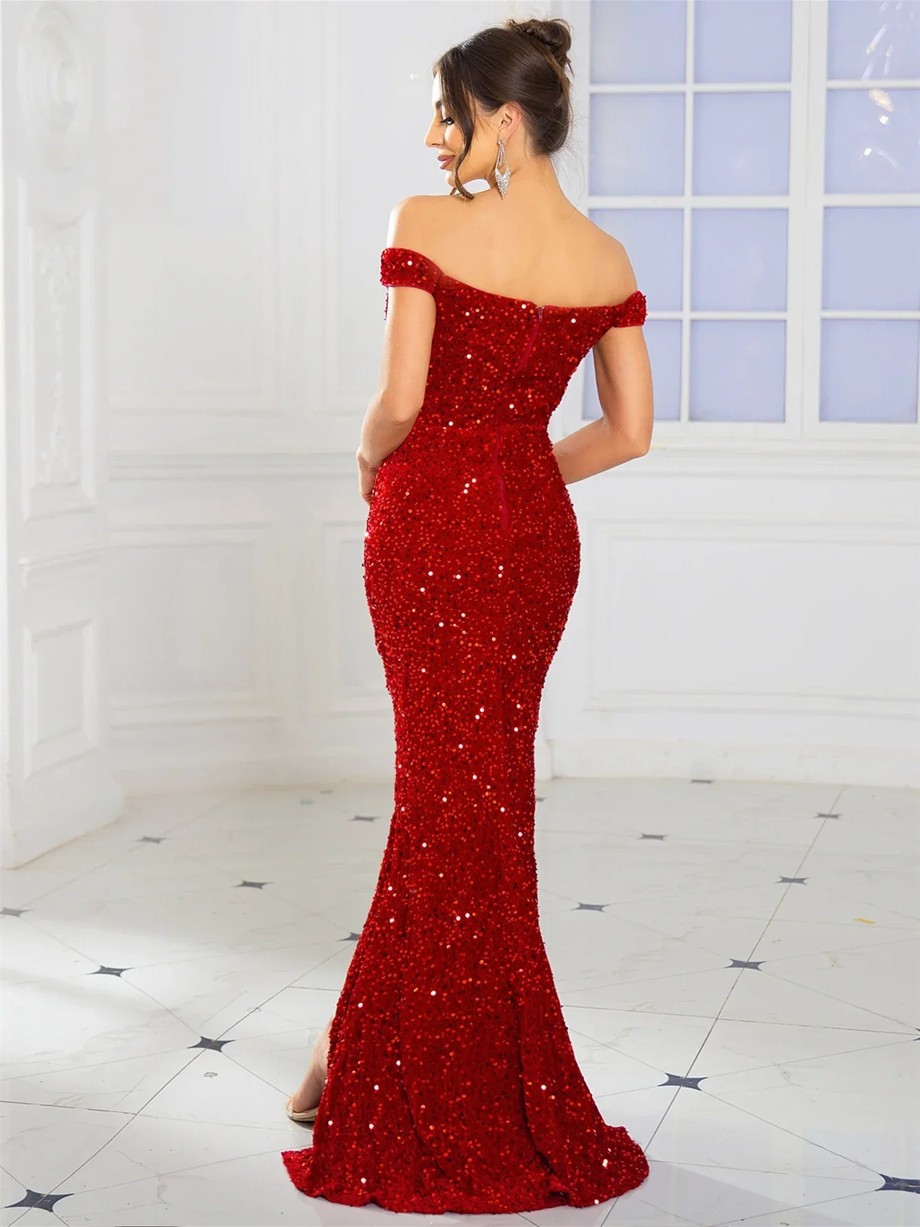 Slash Neck Sequin Party Dress - Image 4