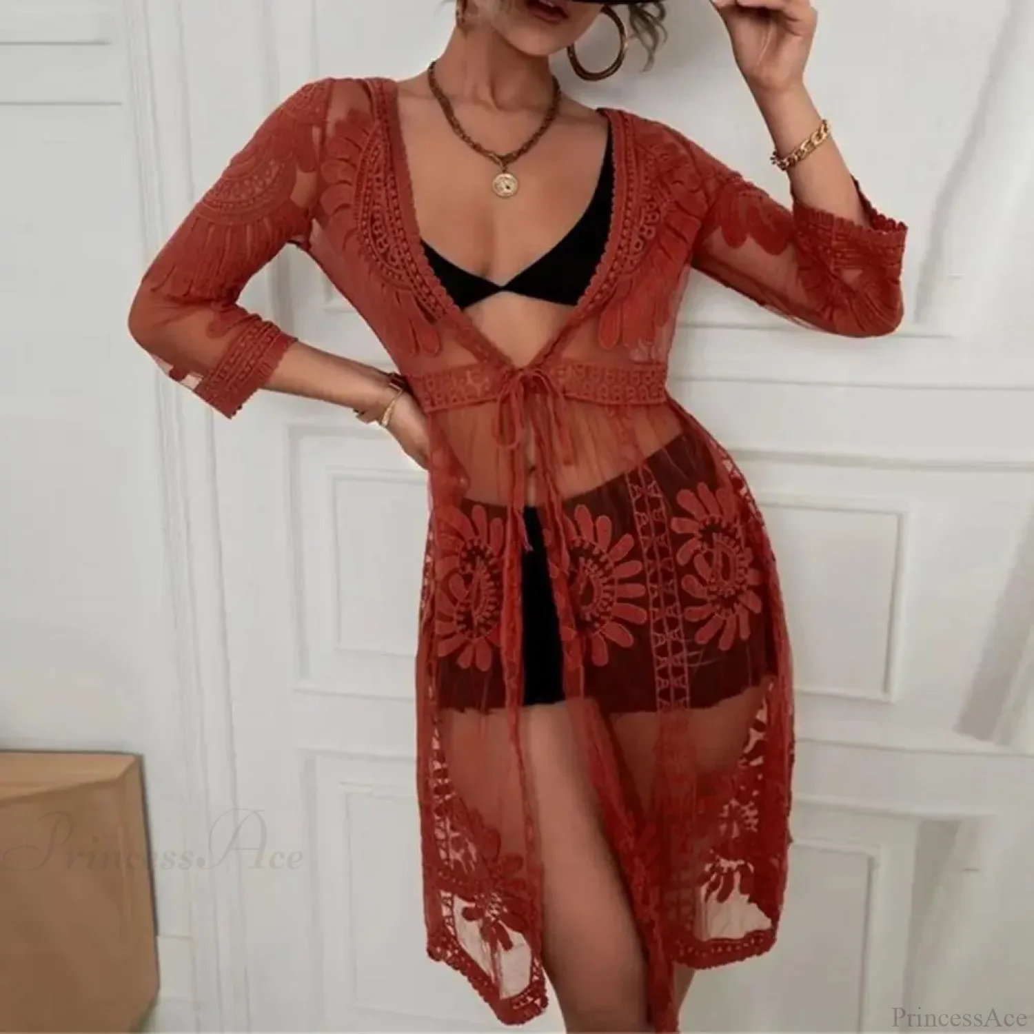Sleeve Lace-up Embroidery Bikini Cover Up - Image 3