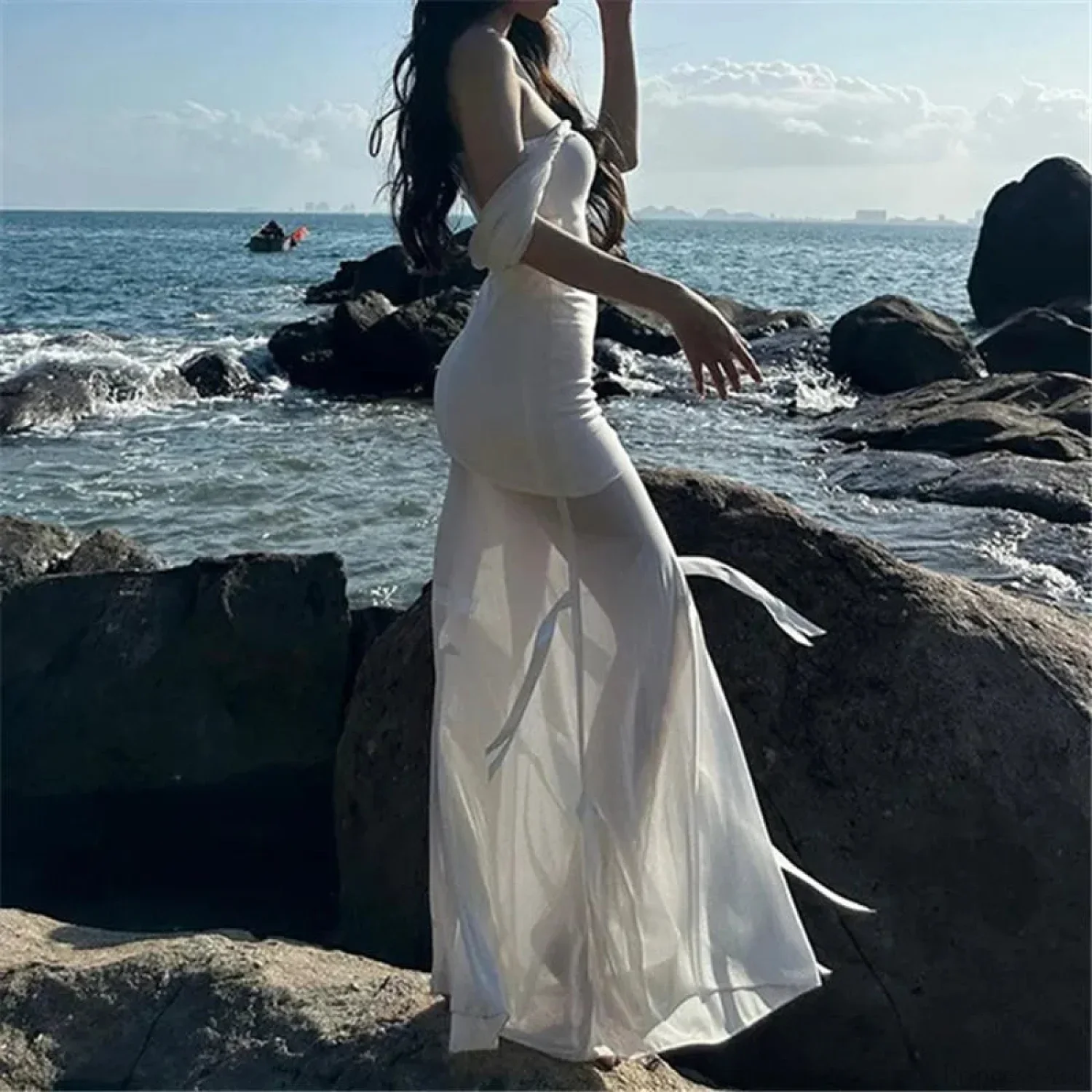 Sleeveless Cloaked Ribbon Net Full-Length Gown - Image 3