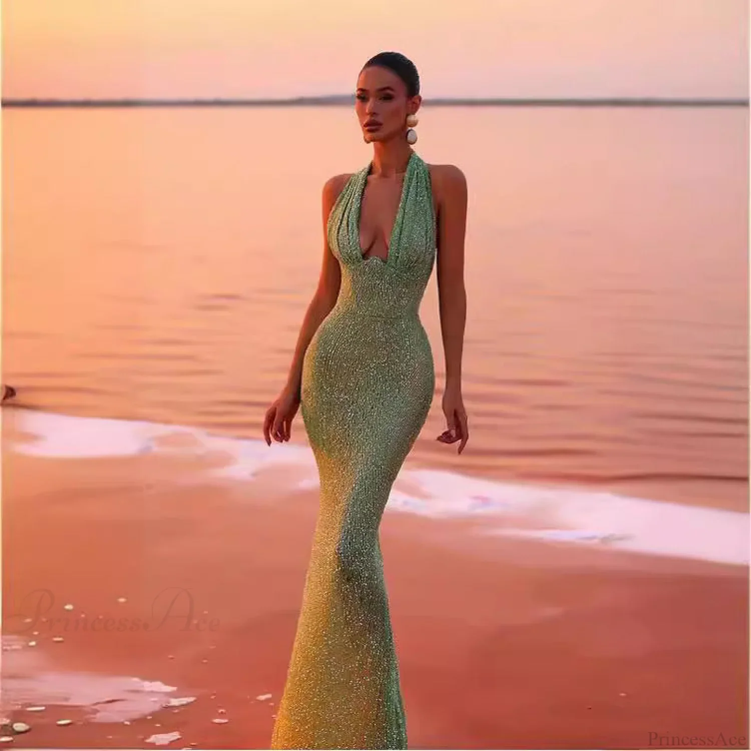 Sleeveless Halter Deep V Sequin Prom Dress