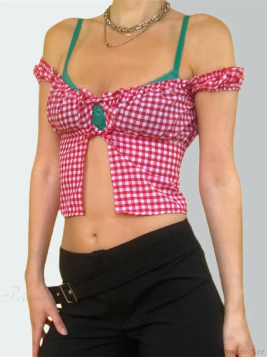 Sleeveless Plaid Square Neck Tie-up Blouse - Image 3