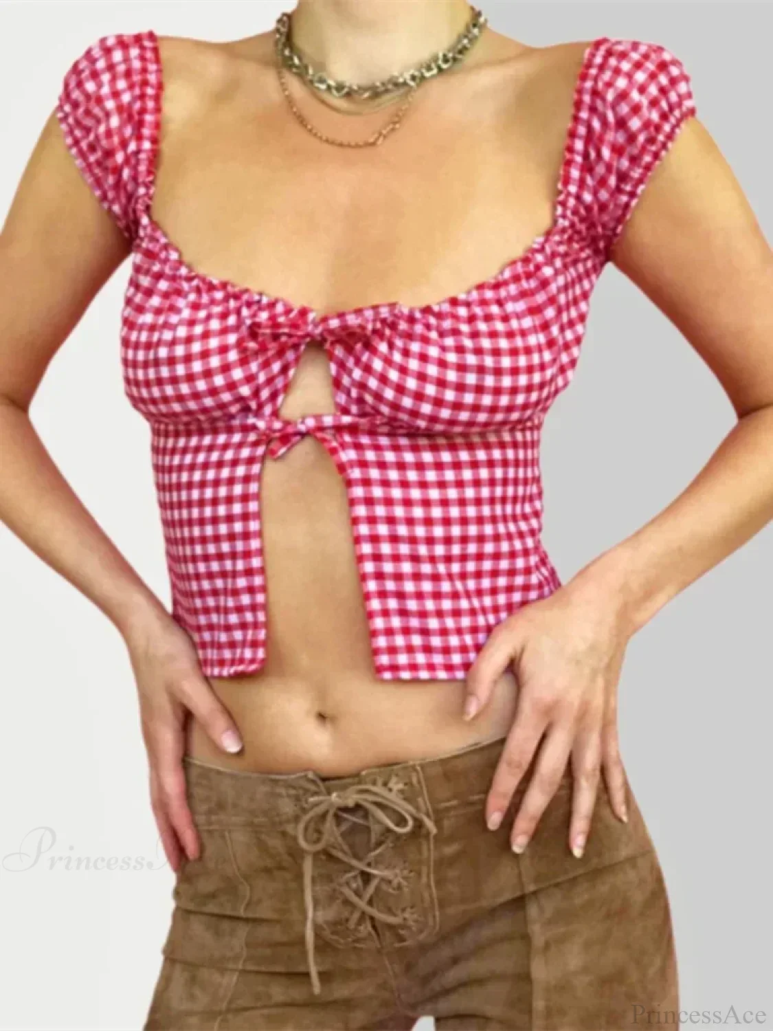 Sleeveless Plaid Square Neck Tie-up Blouse - Image 4