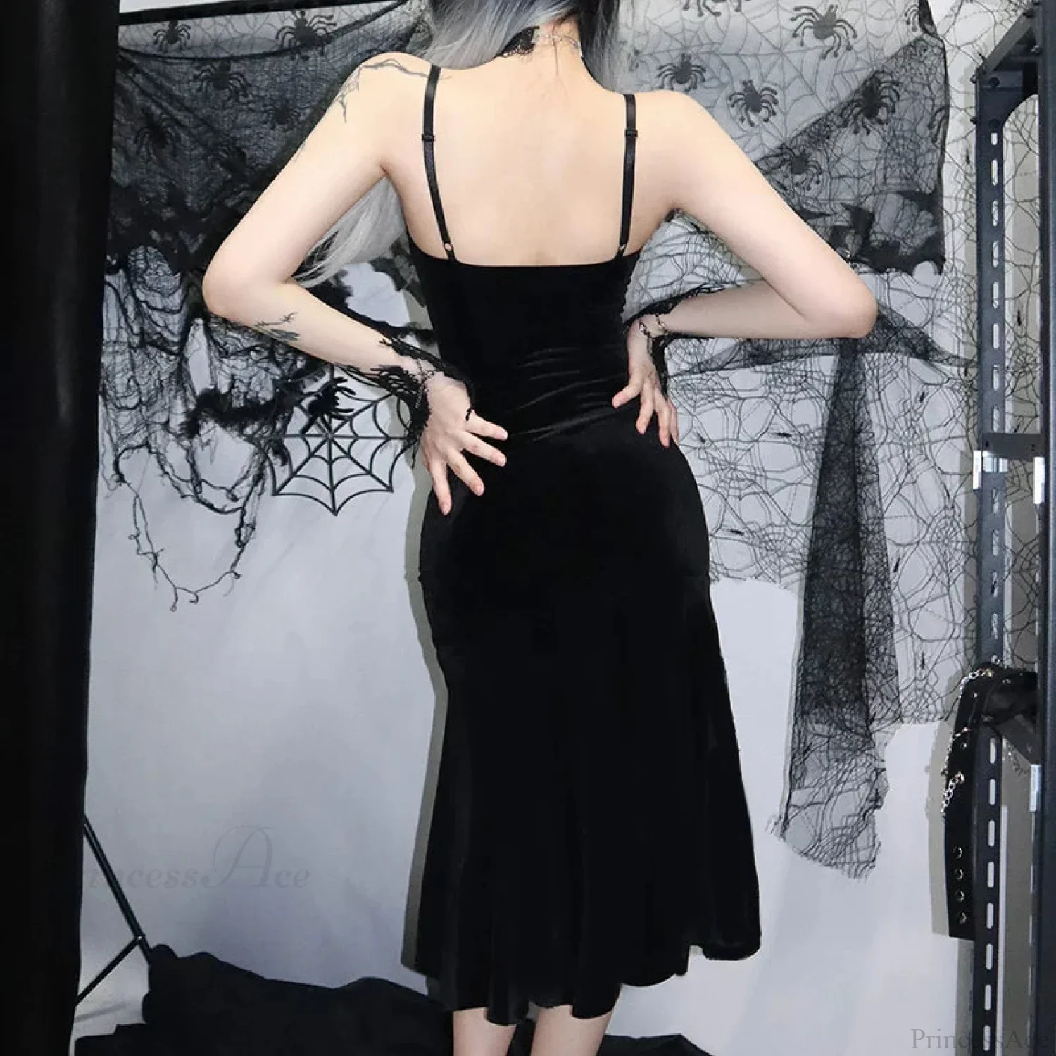 Sleeveless Velour Lace Patchwork Midi Dress - Image 2