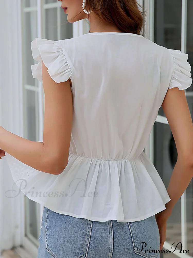 Sleeves Blouse and Notched with Eyelet Flutter Neck - Image 2