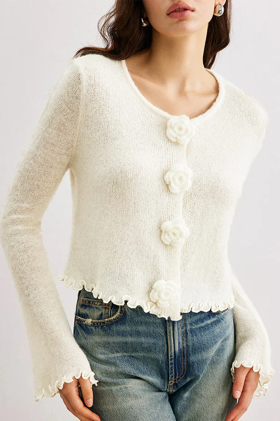 Slim-Fit 3D Floral Ruffled Pullover Knit Cardigan - Image 3