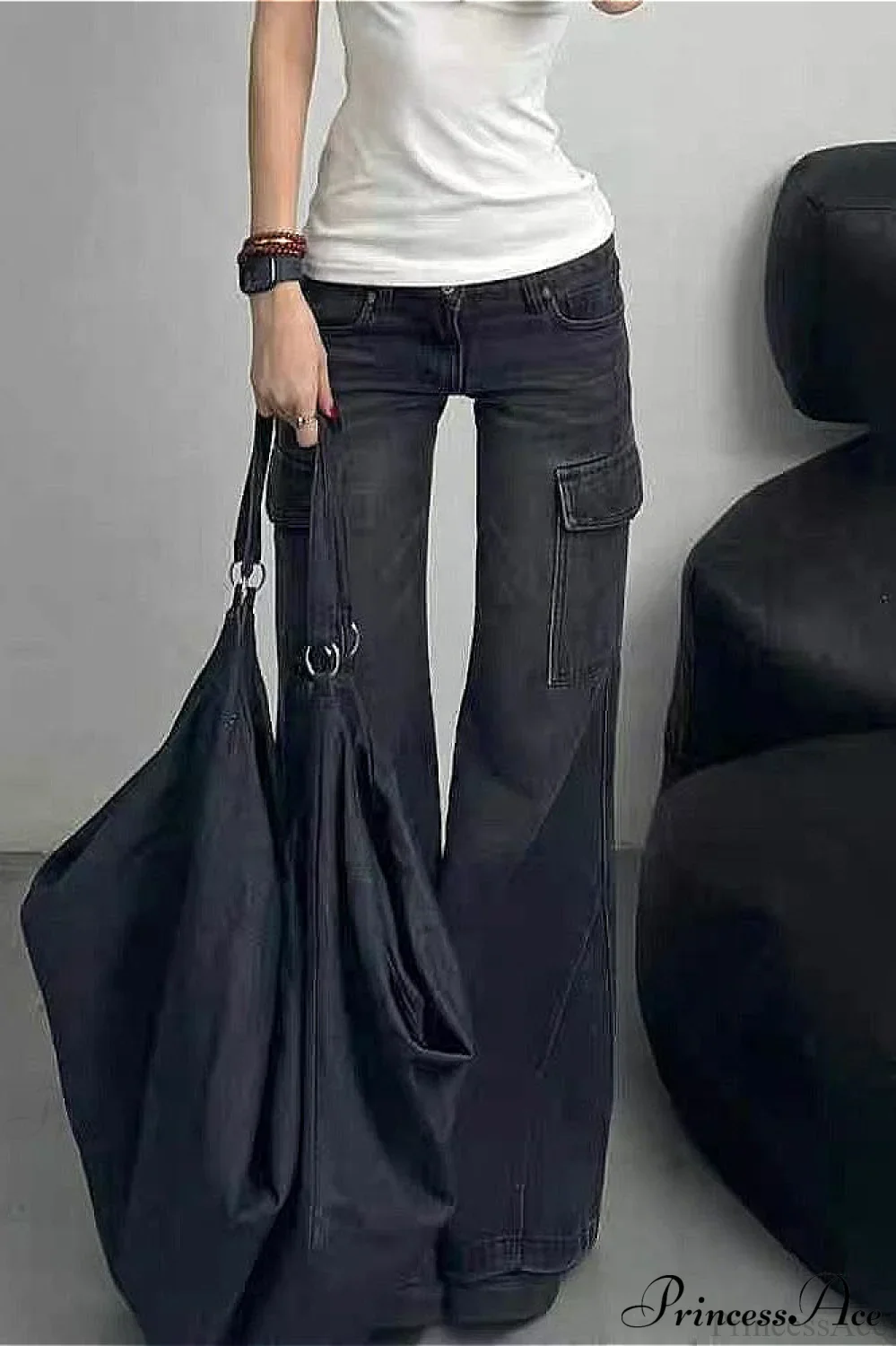 Slim Fit Low Waist Denim Cargo Pants - Image 2