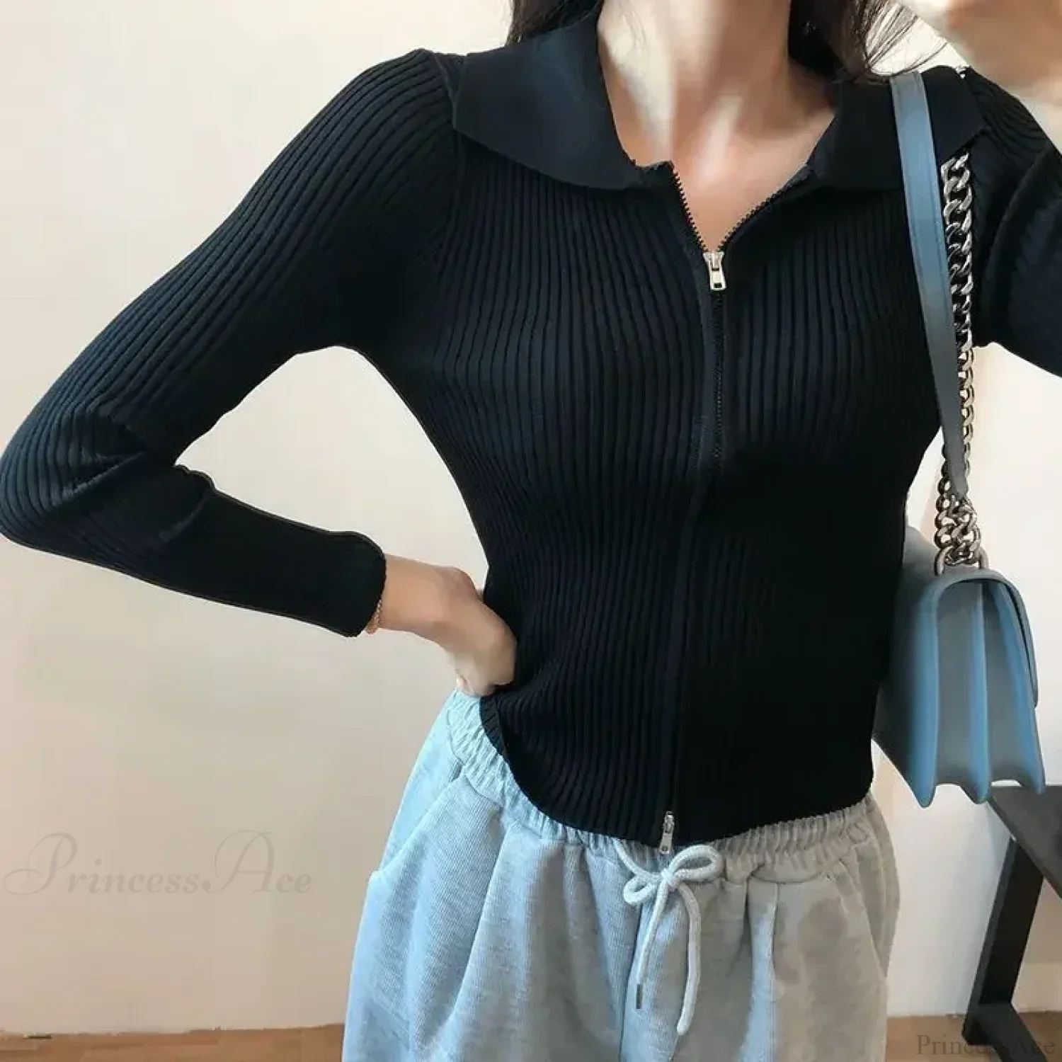 Slim Fit Polo Collar Double-Headed Zipper Knitted Cardigan - Image 4