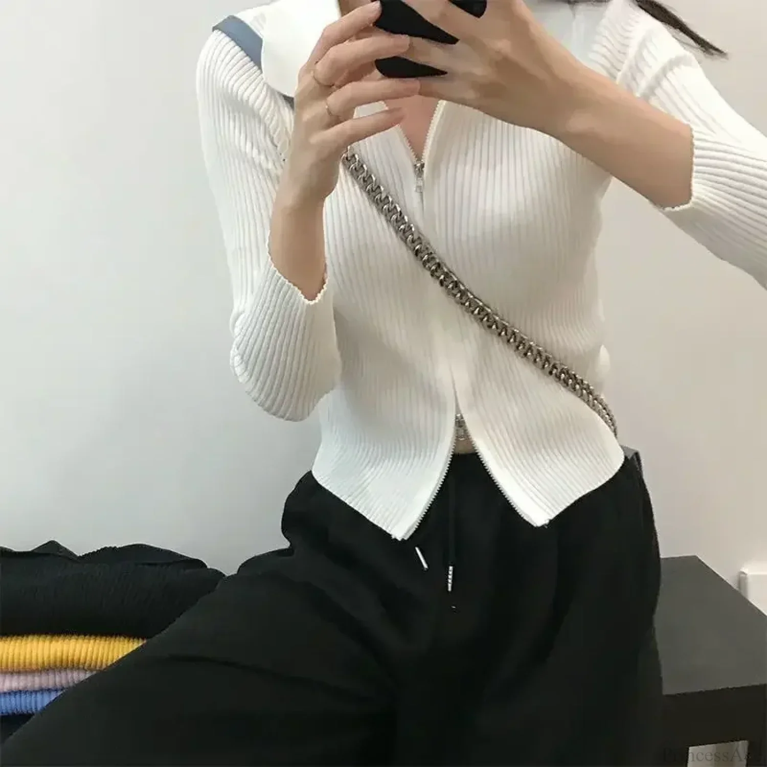 Slim Fit Polo Collar Double-Headed Zipper Knitted Cardigan - Image 6