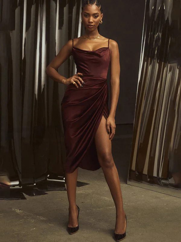 Slim Fit Sexy Halter Neck Satin Split Party Dress - Image 5