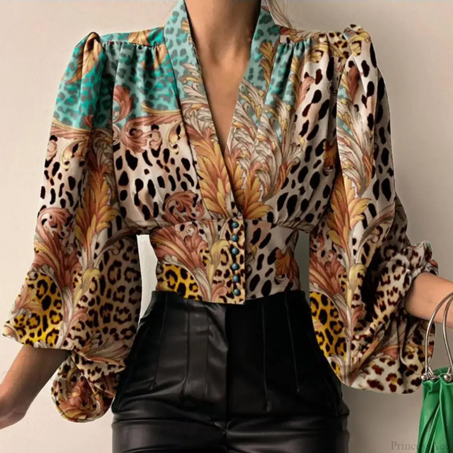 Slim Fit V Neck Cropped Lantern Blouse - Image 3