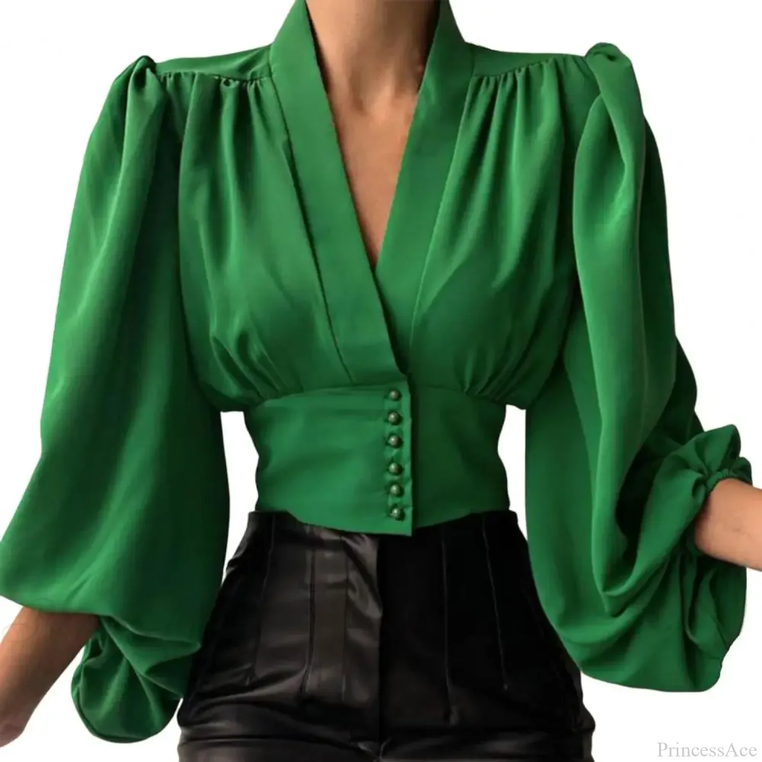 Slim Fit V Neck Cropped Lantern Blouse - Image 4