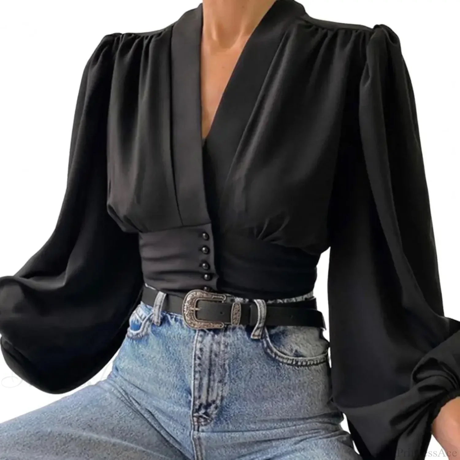 Slim Fit V Neck Cropped Lantern Blouse - Image 5