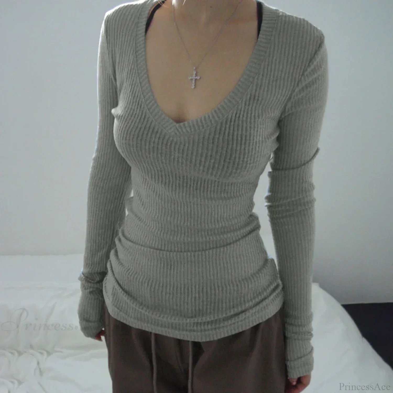 Slim-fitting Crop Top Micro-transparent V-neck Smock T-shirt Women - Image 4