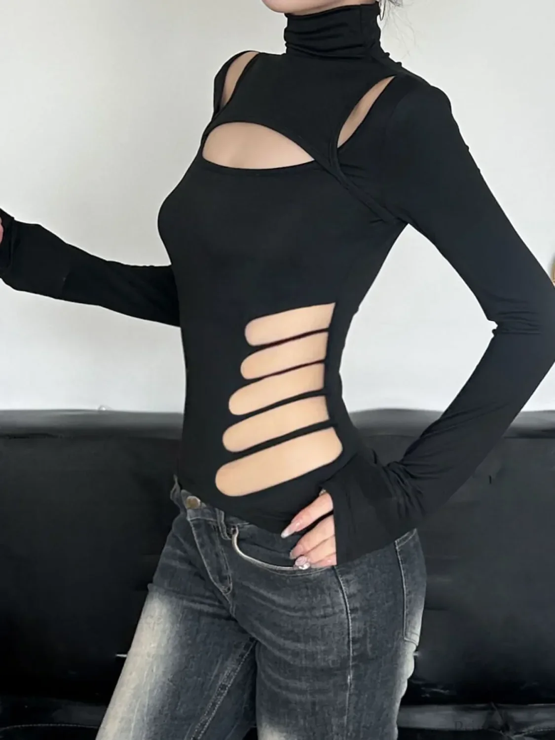 Slim Hollow Out Turtleneck Solid Long Sleeve Knit Top - Image 2