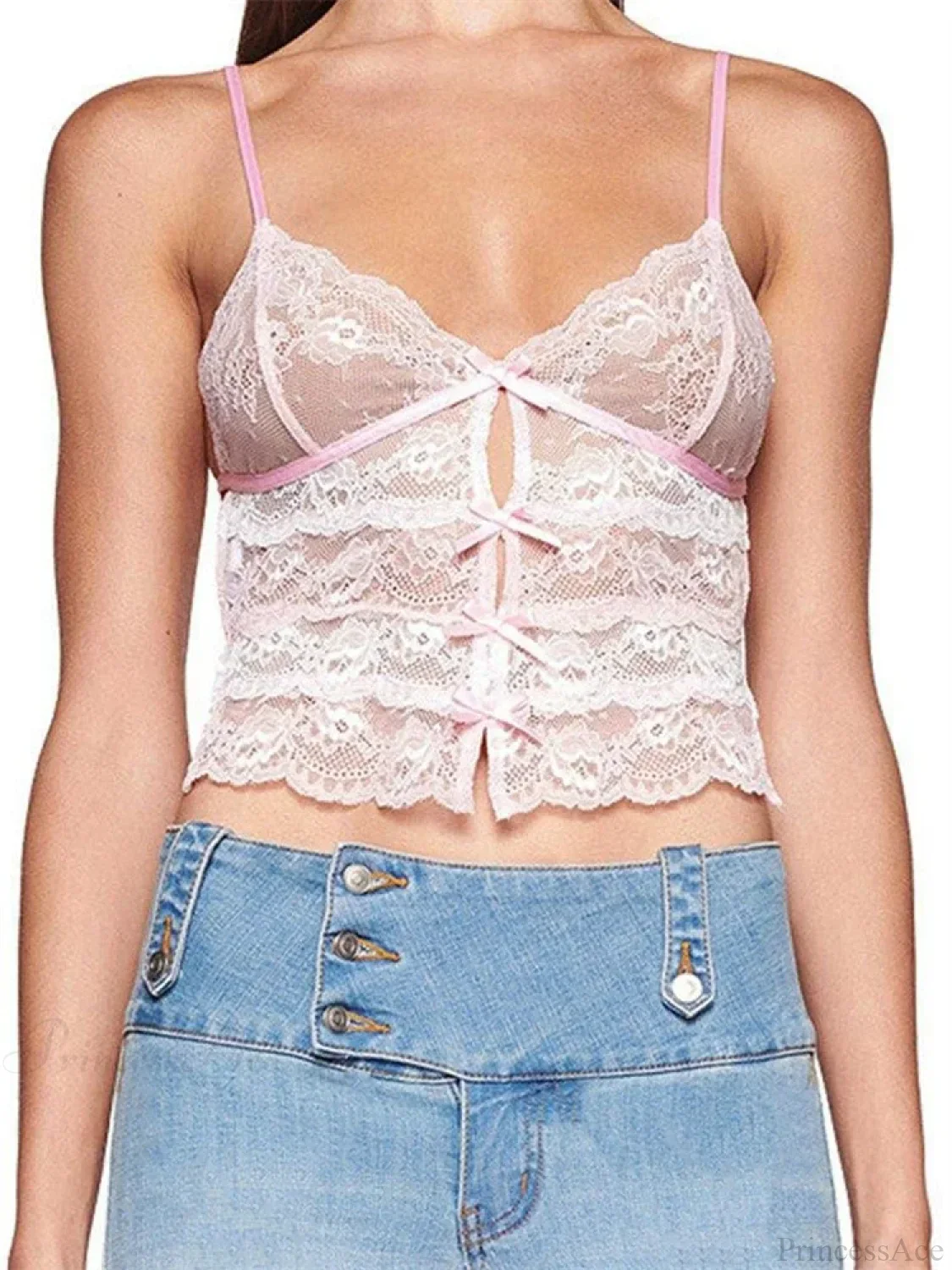 Slim Lace Bowknot Cutout Spaghetti Crop Top - Image 3