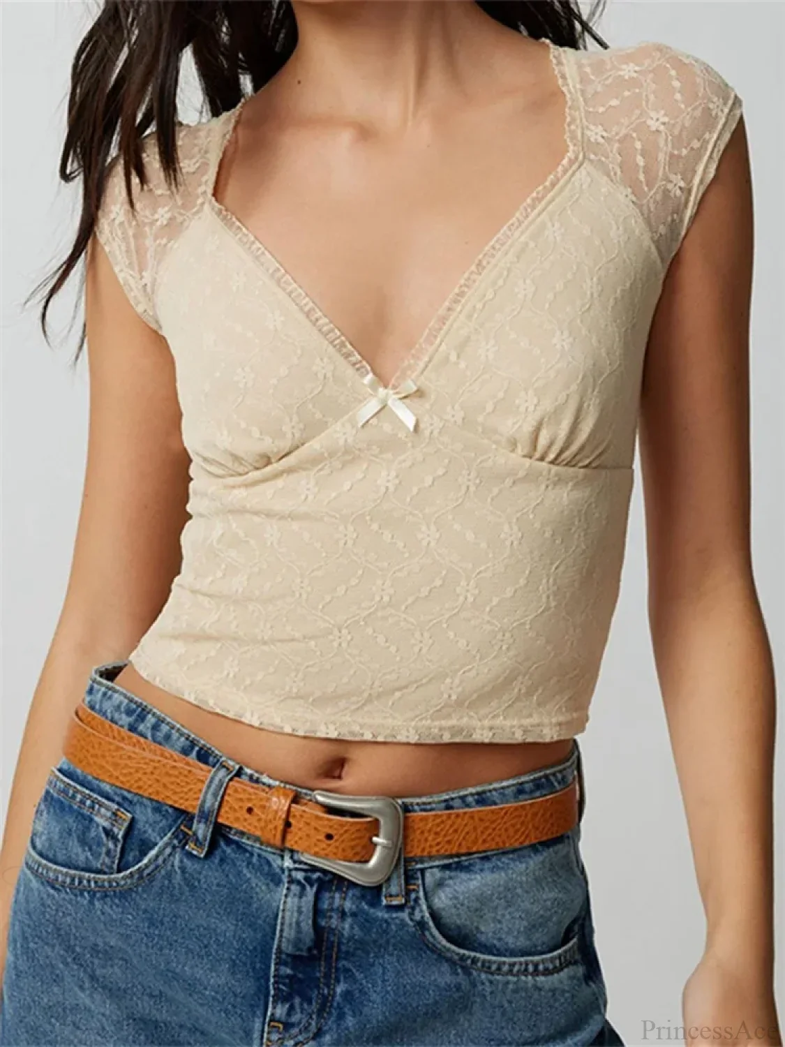 Slim Lace Patchwork Deep V-neck Crop Top - Image 4