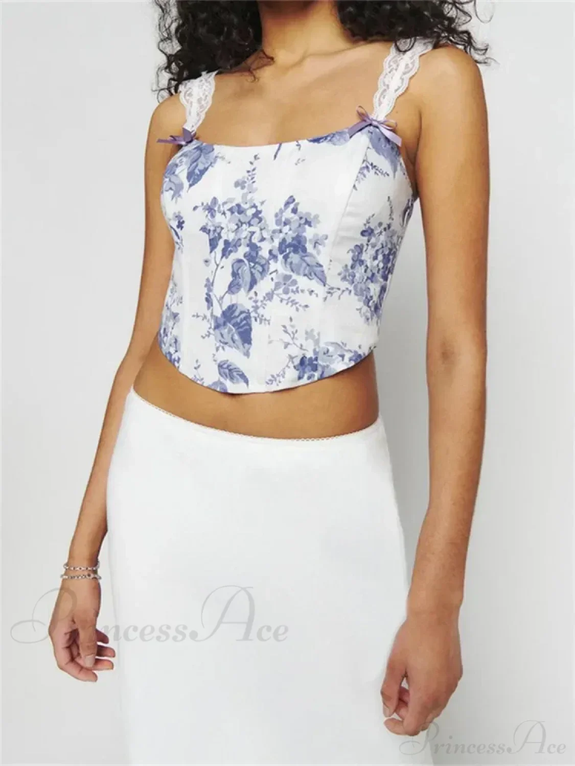Slim Lace Strap Plaid Floral Print Crop Top - Image 3