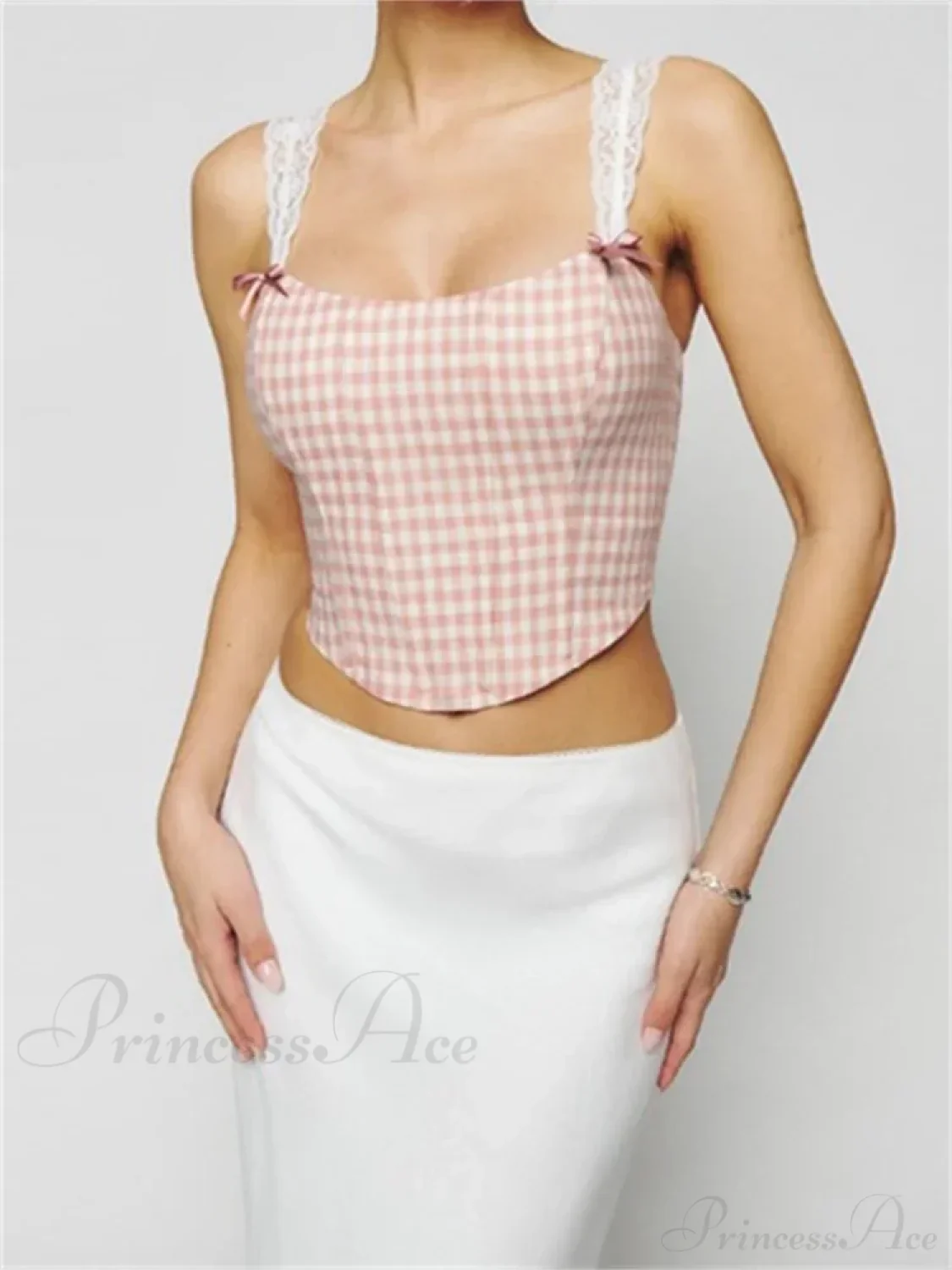 Slim Lace Strap Plaid Floral Print Crop Top - Image 6