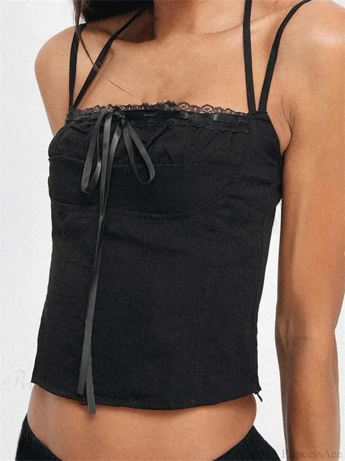 Slim Lace Trim Halter Tie-up Backless Crop Top - Image 3
