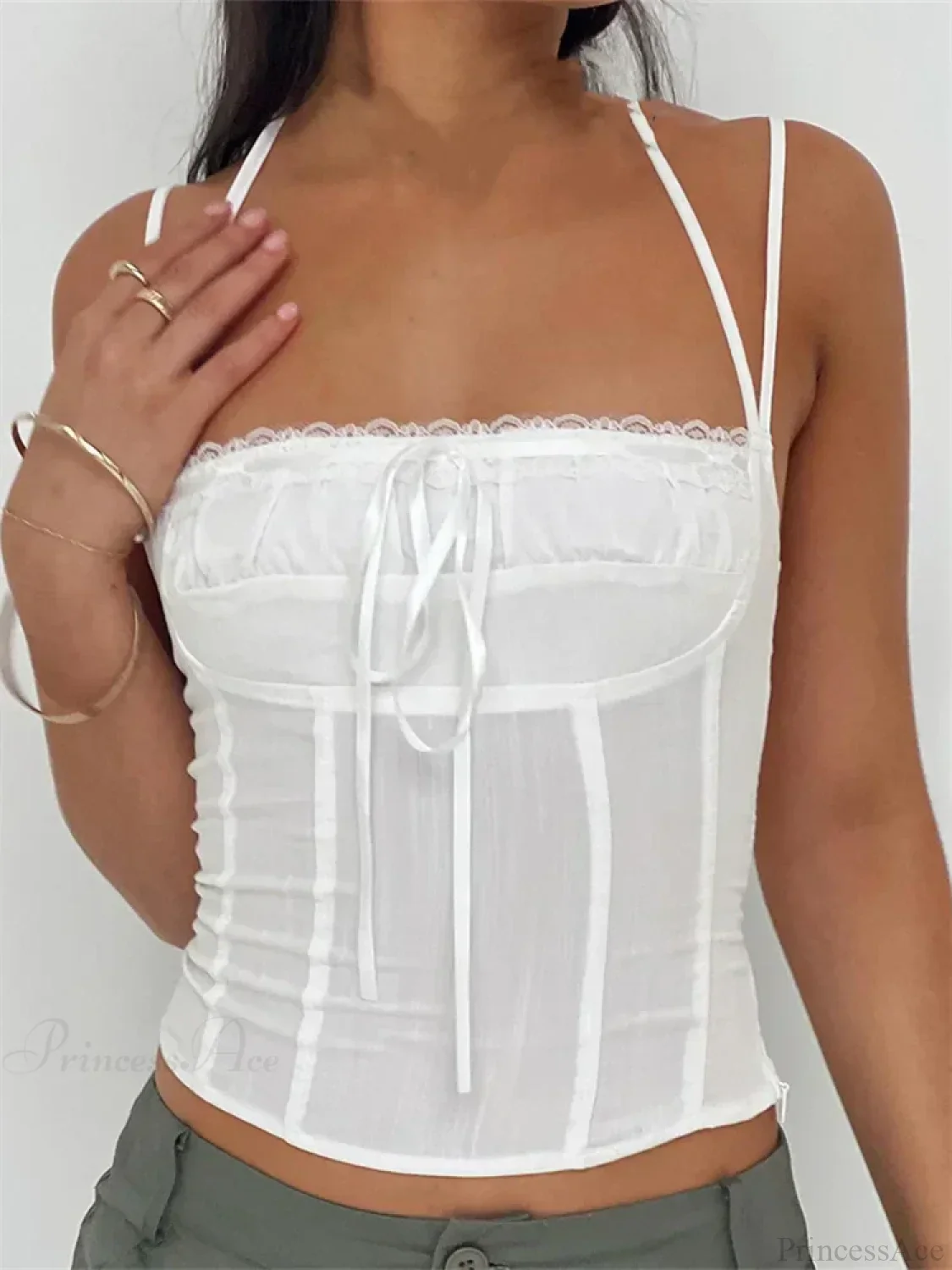 Slim Lace Trim Halter Tie-up Backless Crop Top - Image 6