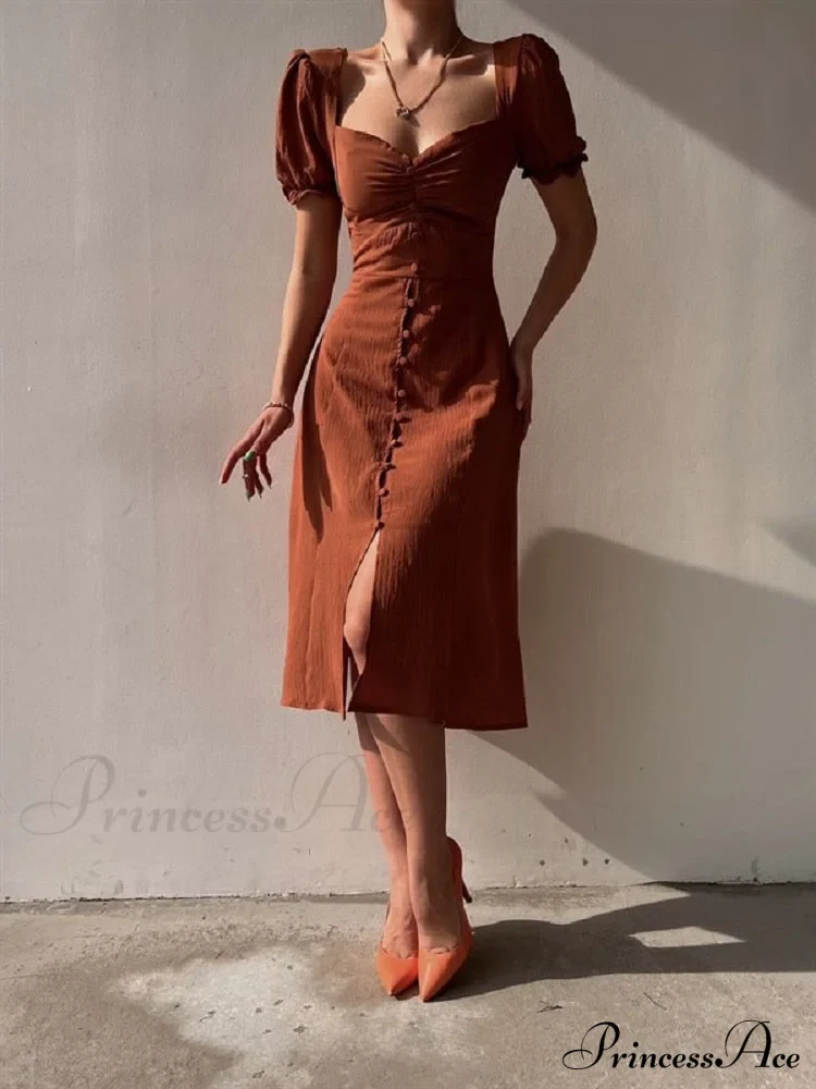 Slim Neck Slit Puff Midi Arm Casual V Party Black Women Elegant A-line Button Warm-Season Gown Dress - Image 5