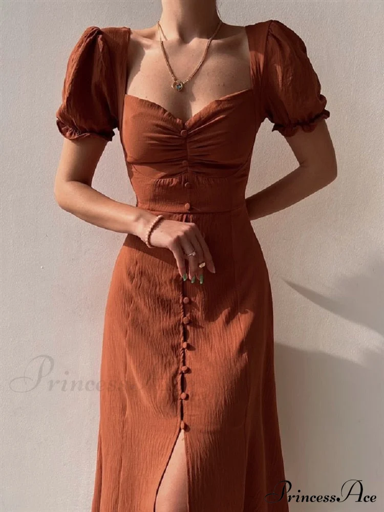 Slim Neck Slit Puff Midi Arm Casual V Party Black Women Elegant A-line Button Warm-Season Gown Dress - Image 6