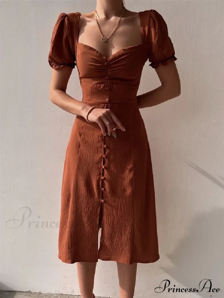 Slim Neck Slit Puff Midi Arm Casual V Party Black Women Elegant A-line Button Warm-Season Gown Dress - Image 9