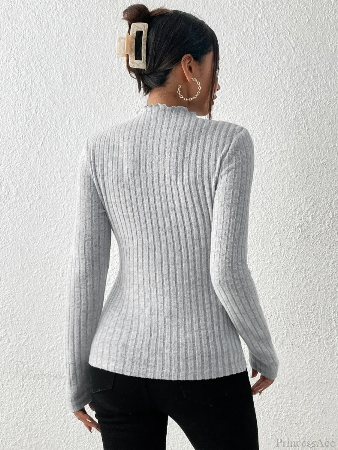 Slim Ruffle Neck Lace Mid-Collar Striped Sweater Knit Top Women - Image 2