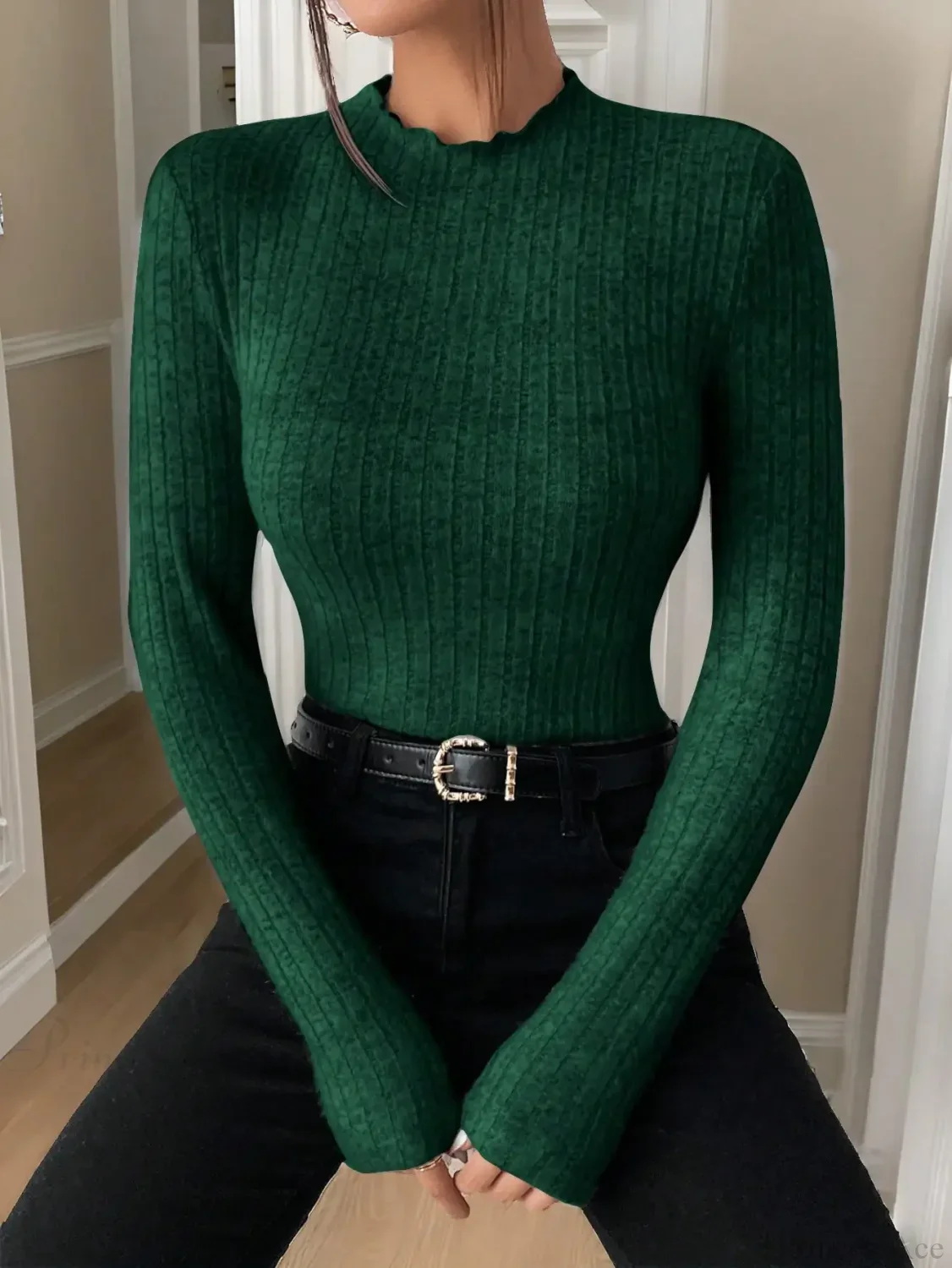 Slim Ruffle Neck Lace Mid-Collar Striped Sweater Knit Top Women - Image 9