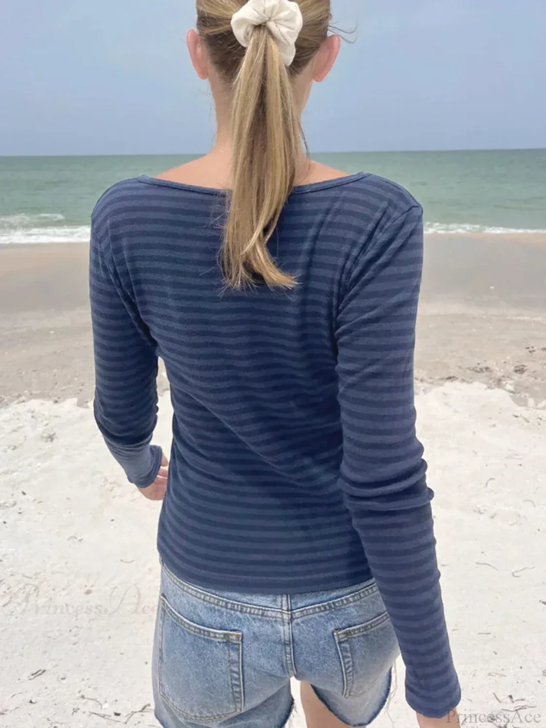 Slim Striped Basic O-Neck Long Sleeve Knit Top - Image 3