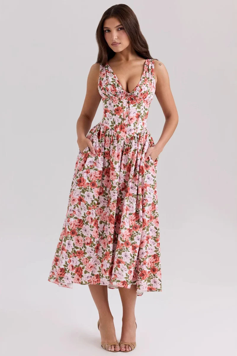 Slim V Neck Spaghetti Strap Floral Dress - Image 3