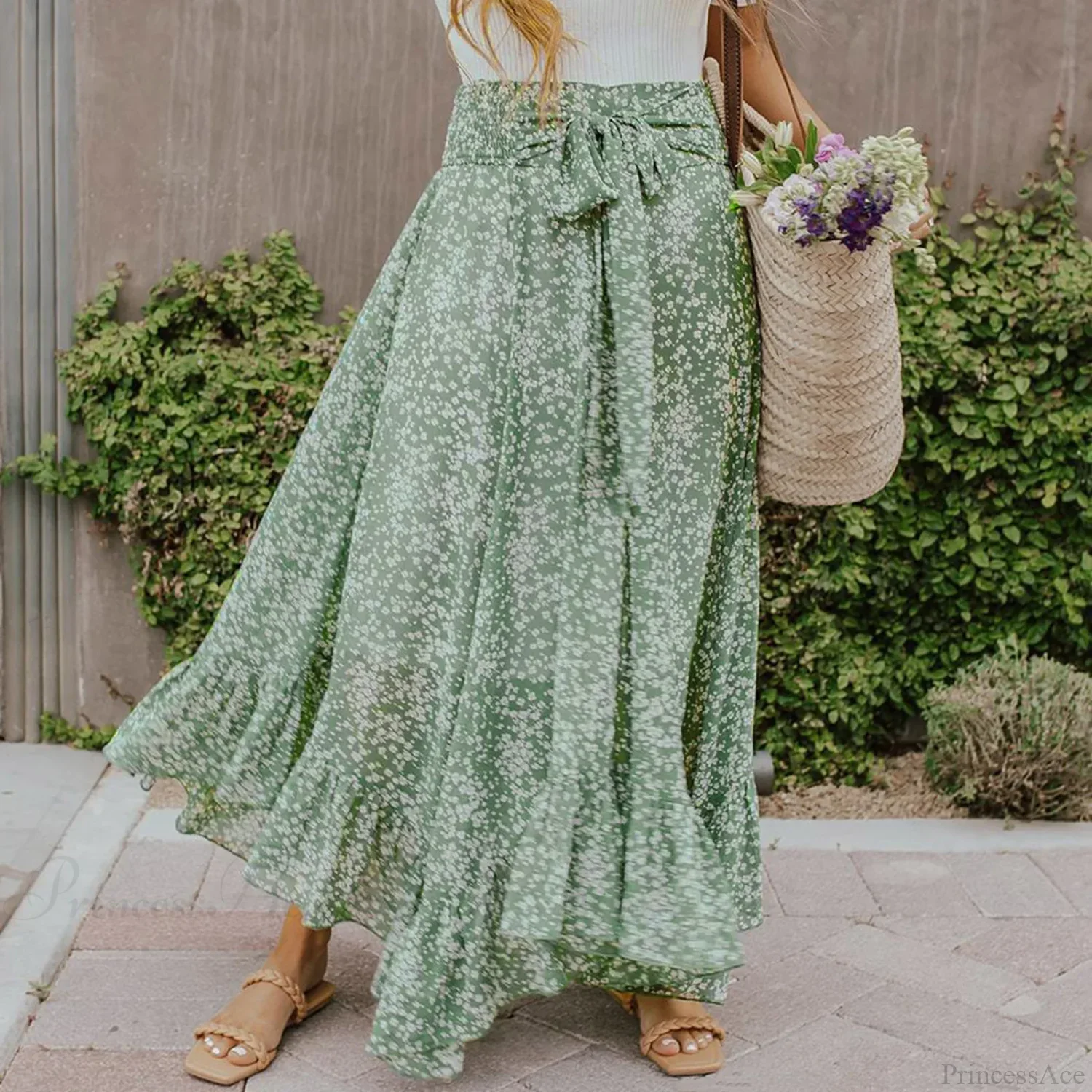 Small Floral Ruffle Korean Style High Waist Swing Long Skirt - Image 3
