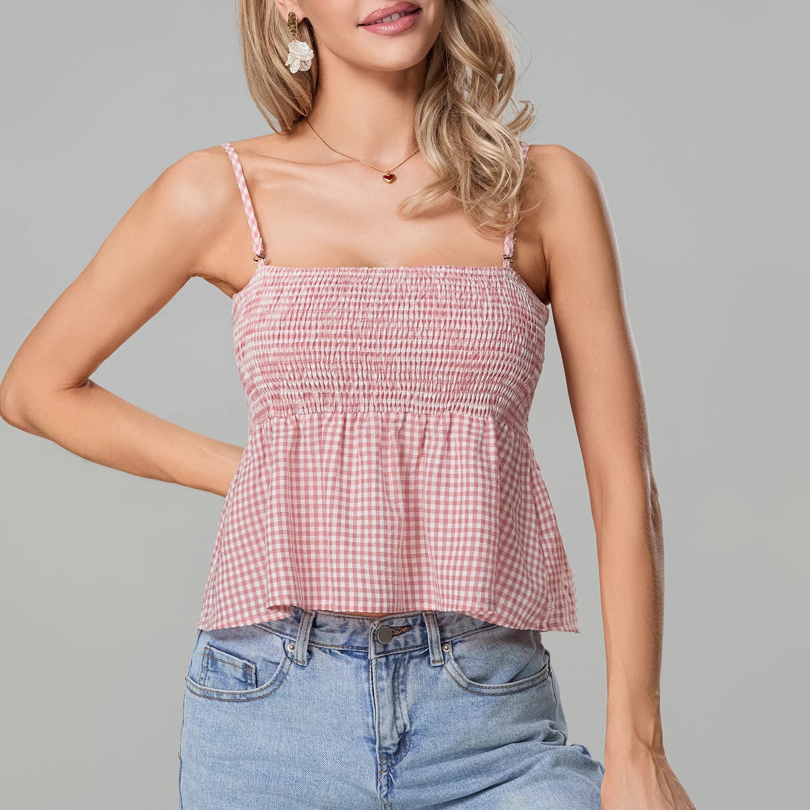 Smocked Gingham Peplum Crop Top - Image 4