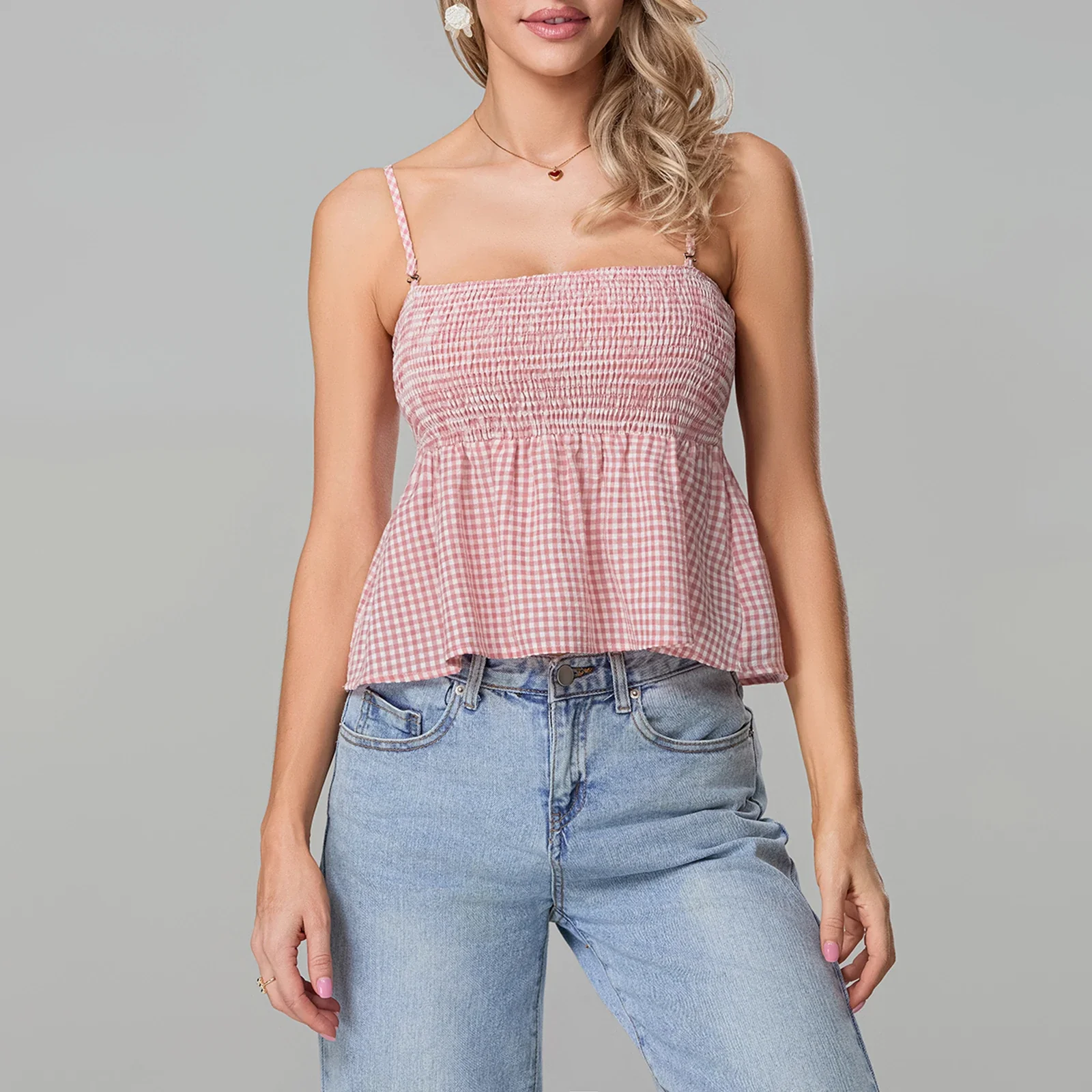 Smocked Gingham Peplum Crop Top - Image 5