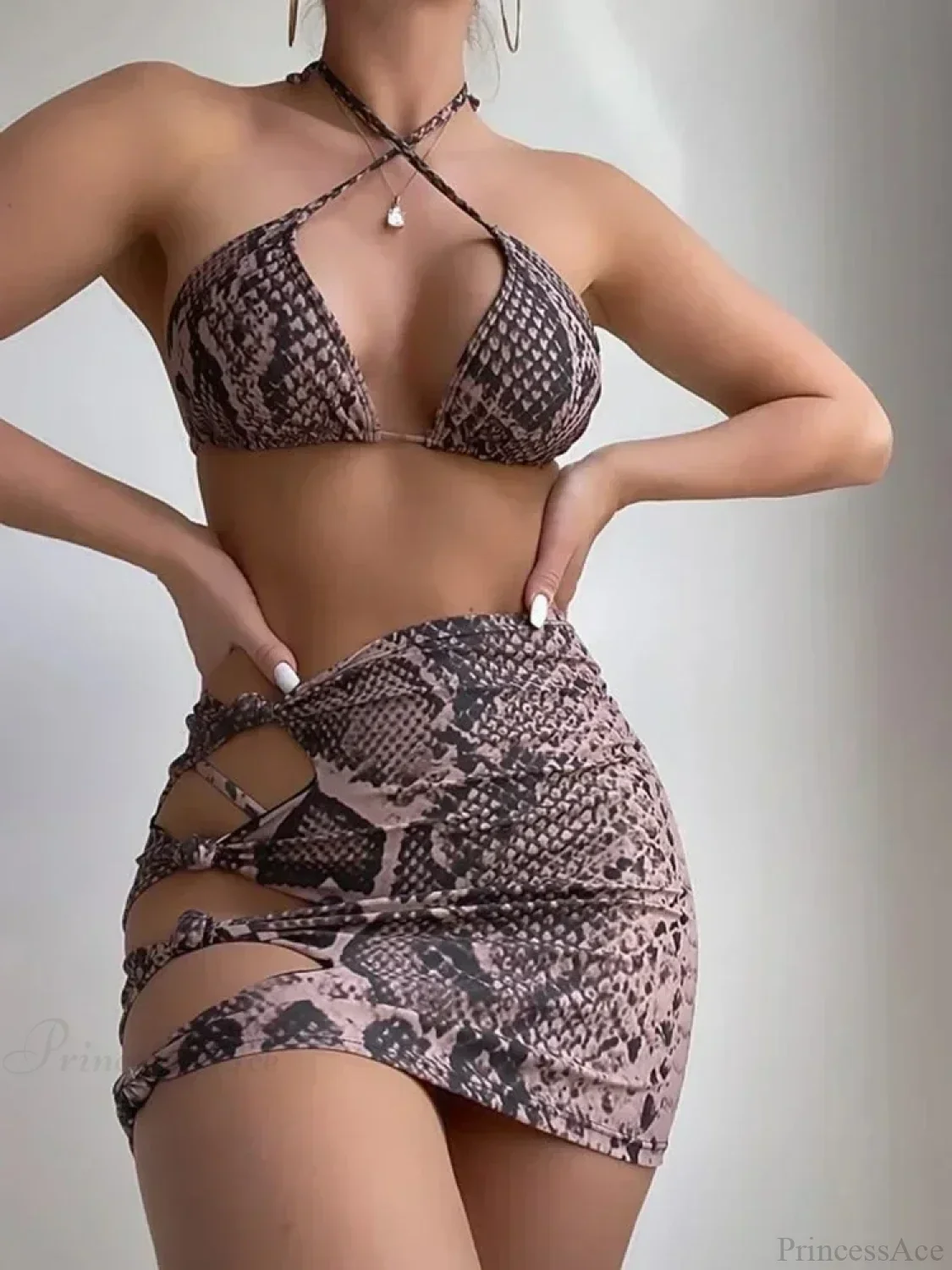 Snake Skin Printed Bikini Three Piece Swimsuit - Image 2
