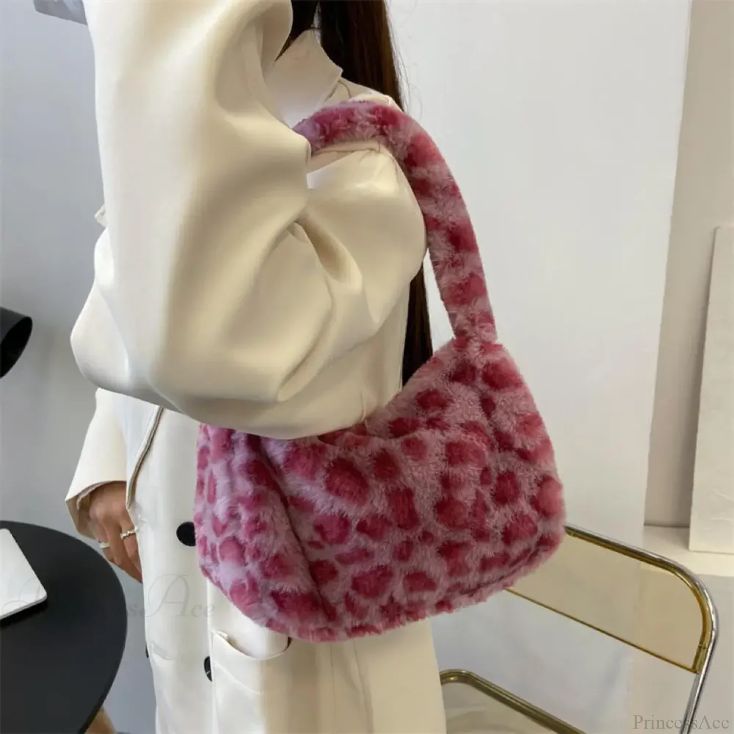 Soft Plush Leopard Pattern Shoulder Tote Handbag - Image 2