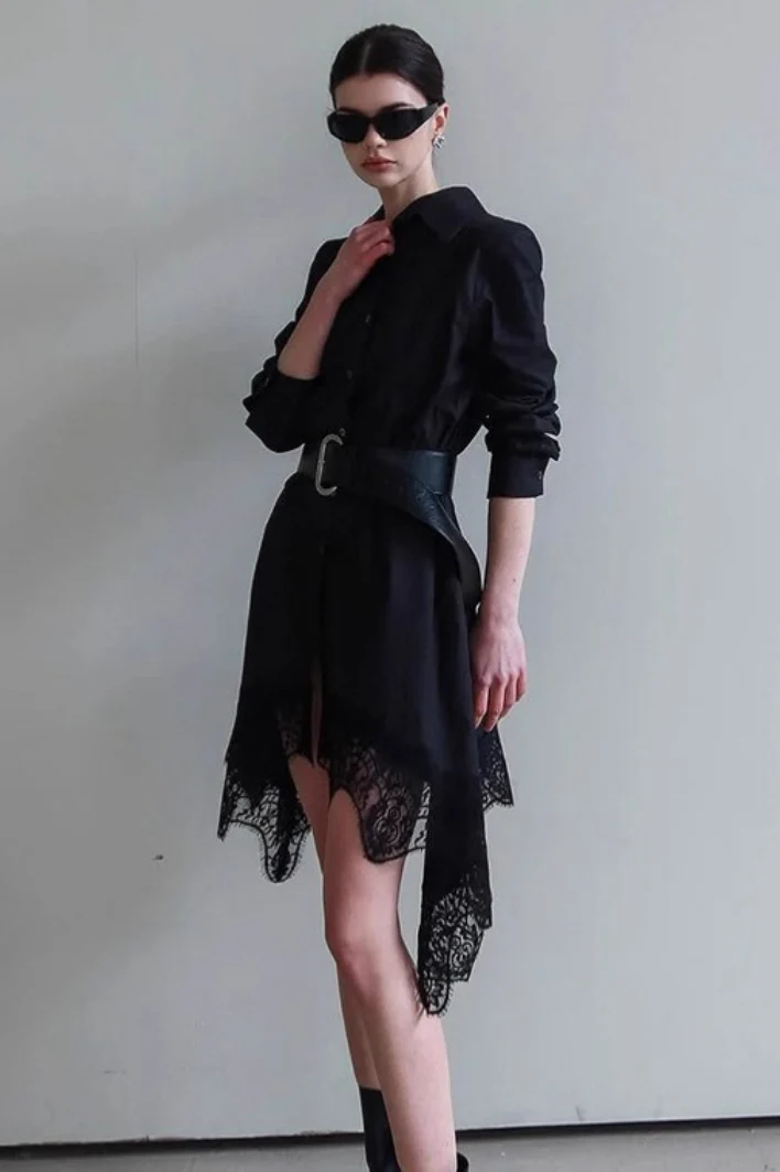Soft Ruffled Lace Asymmetric Shirtdress Long Sleeve Mini Dress