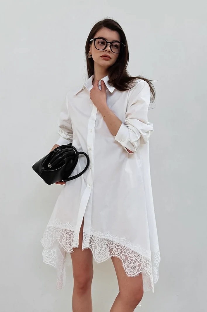 Soft Ruffled Lace Asymmetric Shirtdress Long Sleeve Mini Dress - Image 2