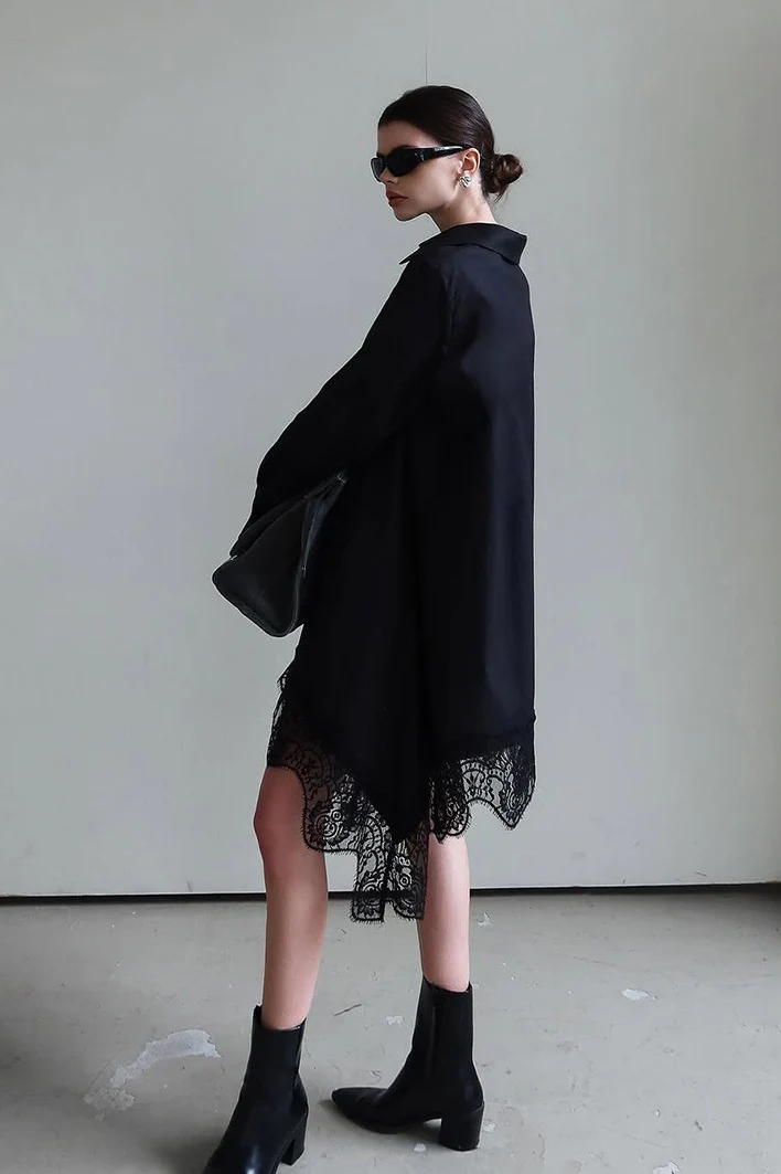 Soft Ruffled Lace Asymmetric Shirtdress Long Sleeve Mini Dress - Image 6