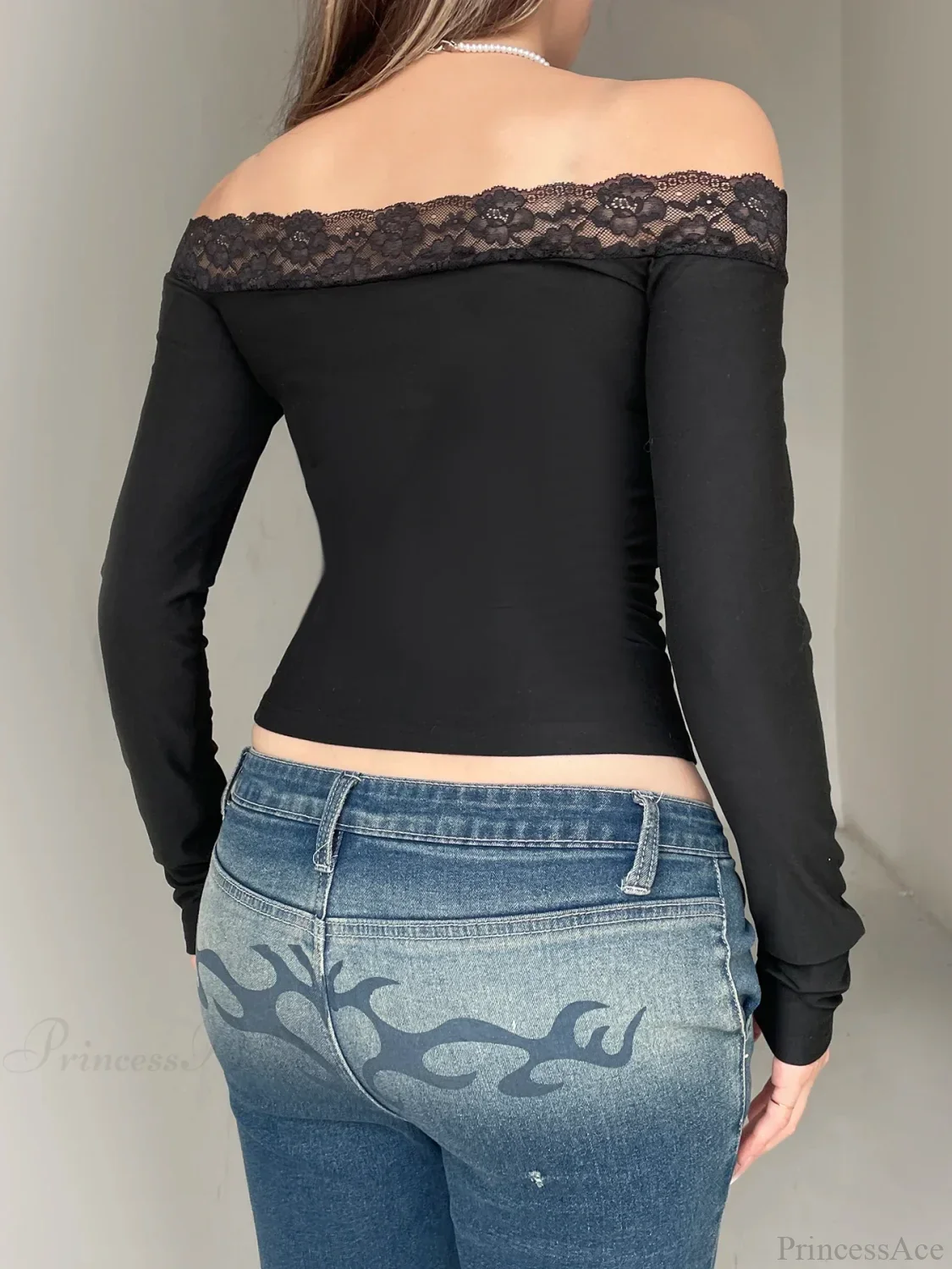 Solid Bow Patchwork Lace Slash Neck Long Sleeve Knit Top - Image 2