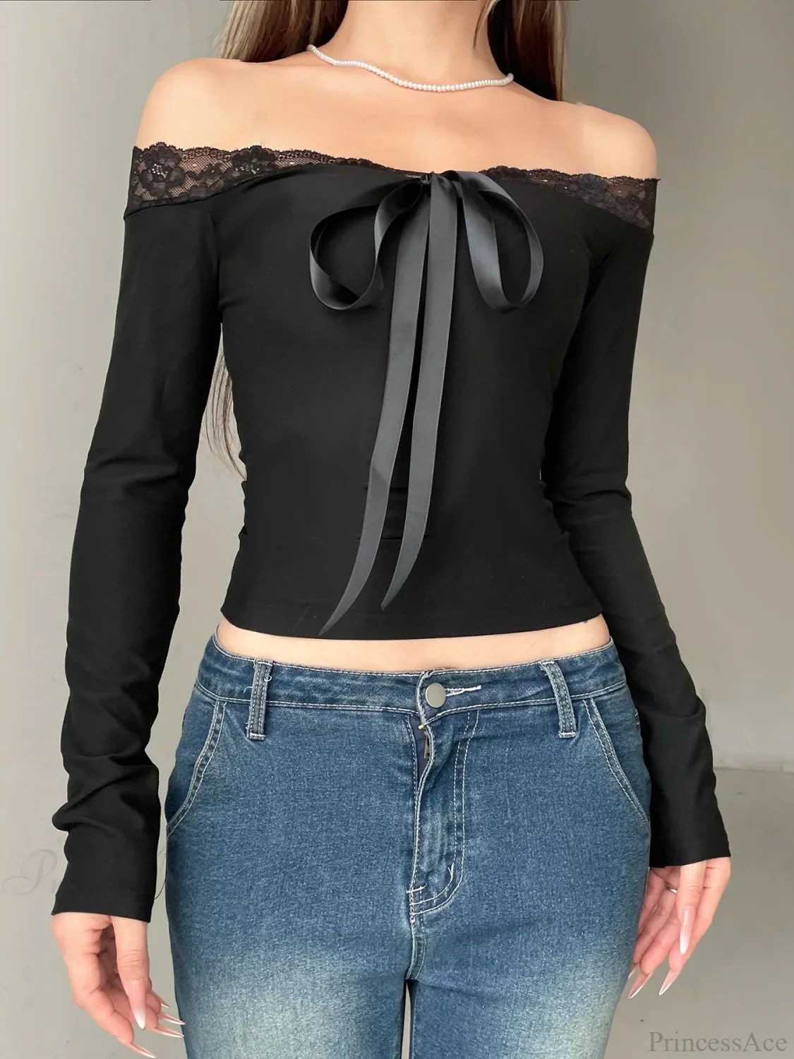 Solid Bow Patchwork Lace Slash Neck Long Sleeve Knit Top - Image 3