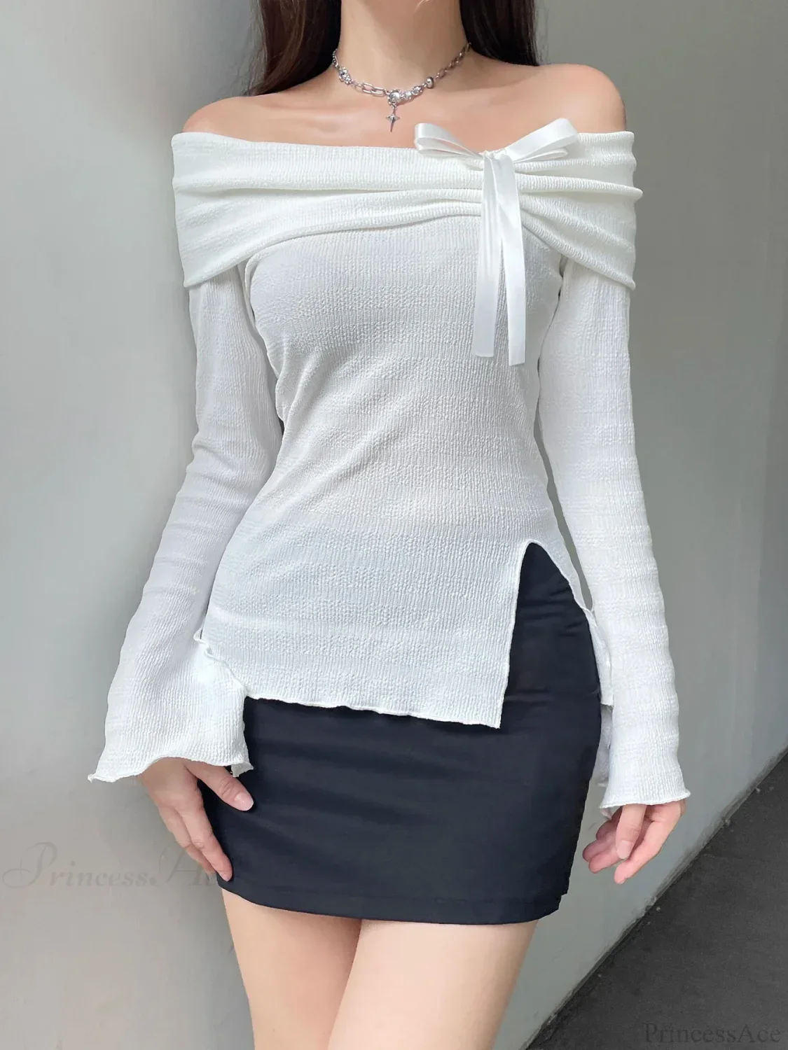 Solid Bow Split Slash Neck Slim Flare Sleeve Long Sleeve Knit Top - Image 2