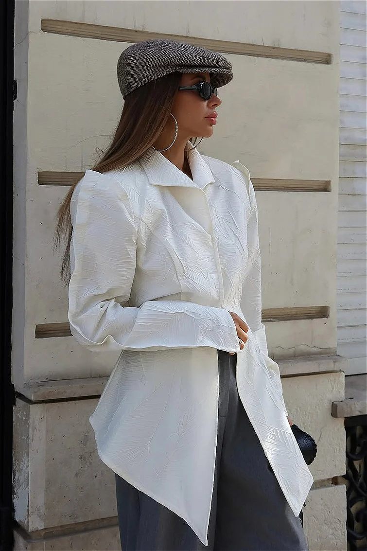 Solid Collared Tie Waist Split Blouse - Image 2