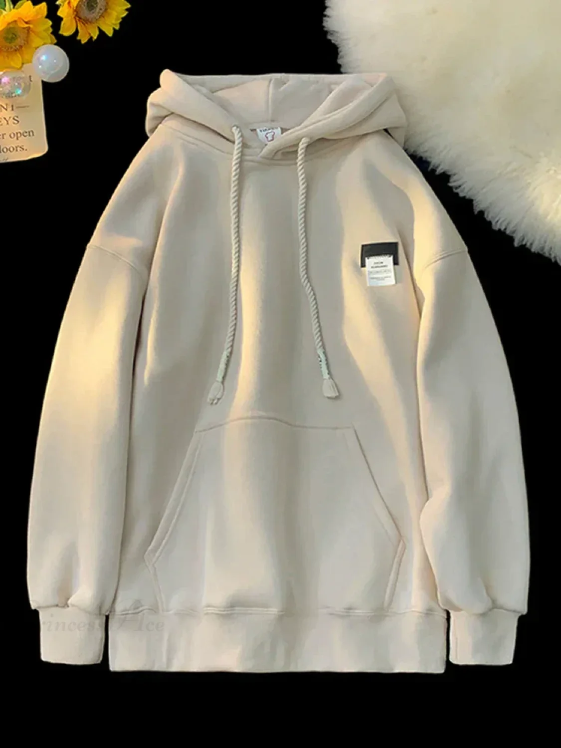 Solid Color Appliqué Oversized Fleece Hoodie - Image 6