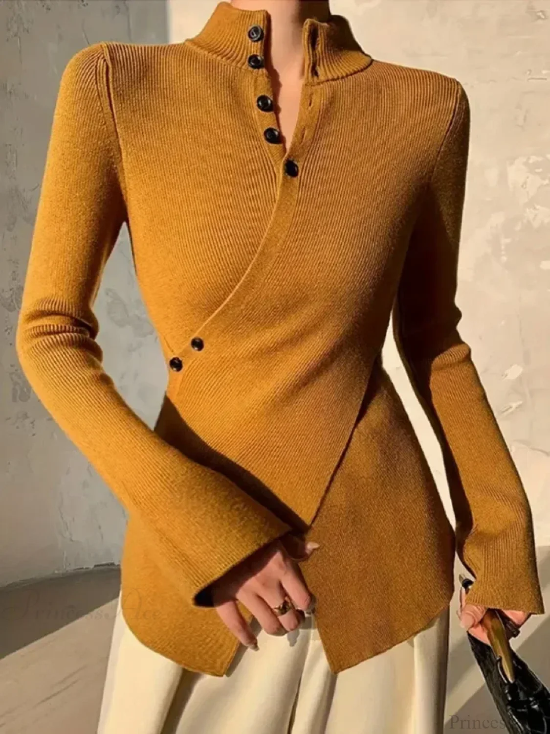 Solid Color Asymmetric Long Sleeve Sweater - Image 3