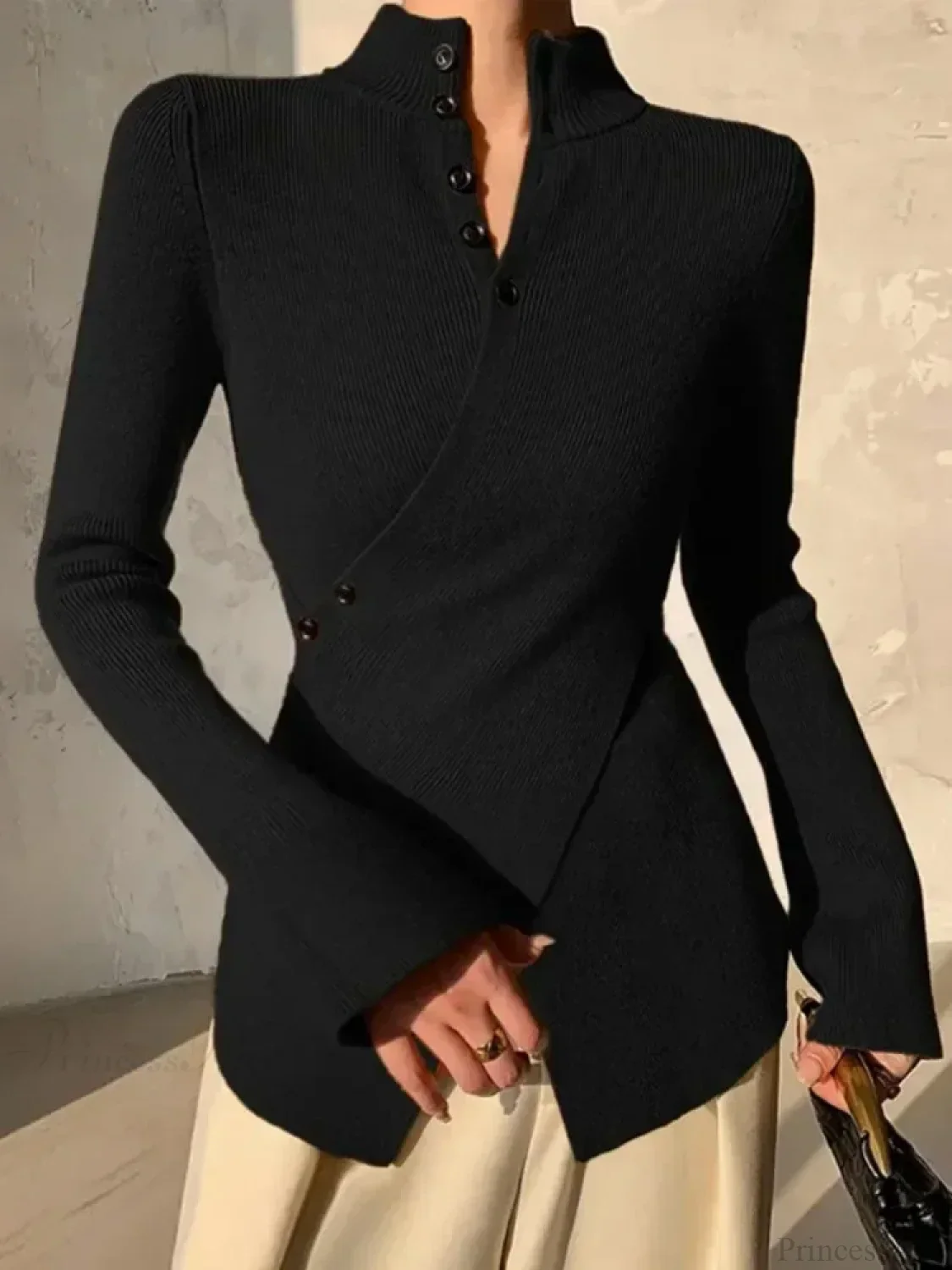 Solid Color Asymmetric Long Sleeve Sweater - Image 5